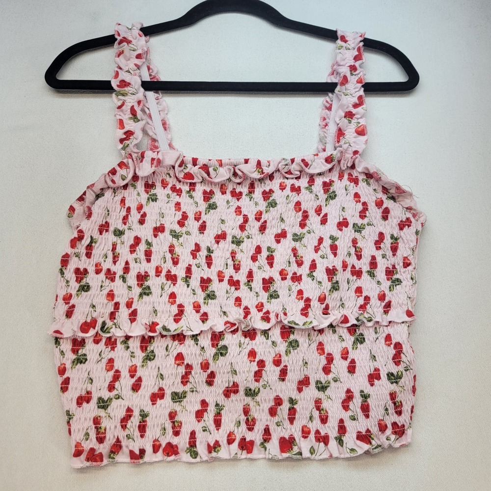 rue+ Strawberry Smocked Tank Crop Top Womens 1X Pink Ruffle Sleeveless Blouse